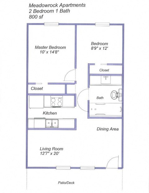 Floor plan for 2 beds, 1 bath, 800 sqft
